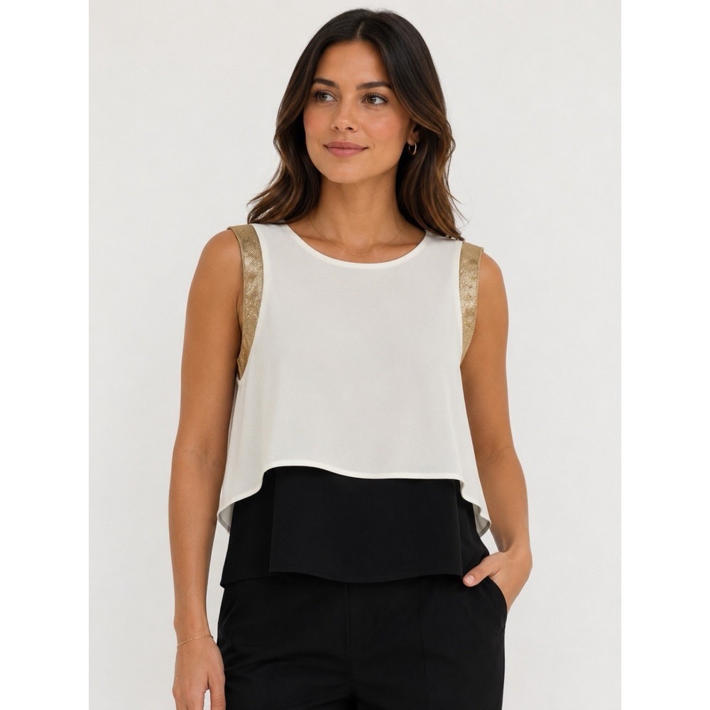 Maje Silk Layered Sleeveless Top Size 1 Ivory Black Gold Metallic Trim